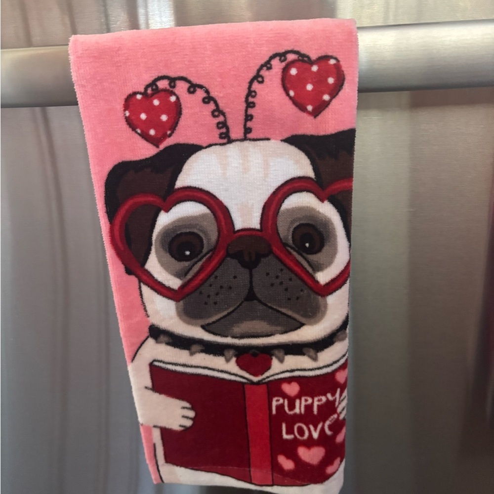 Puppy Love Pink Towel with Heart Glasses